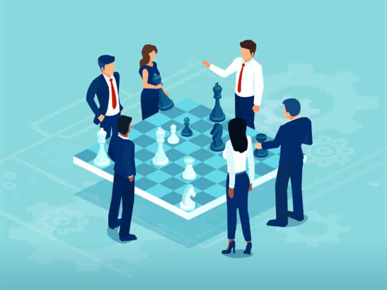 Graphical image of businessmen and women around a chess board playing chess game brainstorming a strategy for success for their employees